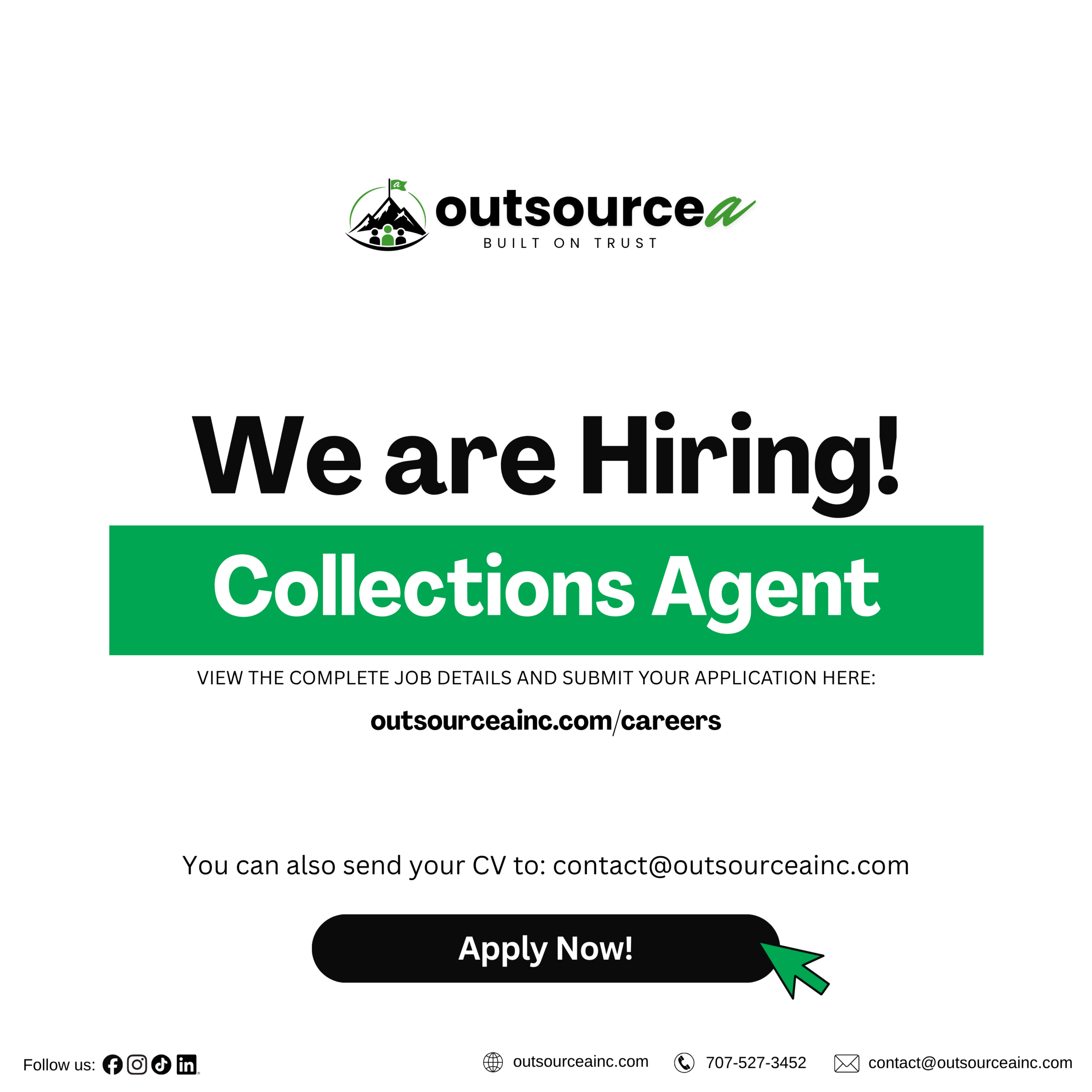 White-and-green Outsourcea recruitment graphic announcing an opening for a Collections Agent. Applicants can apply at outsourceainc.com/careers or email their CV to contact@outsourceainc.com.