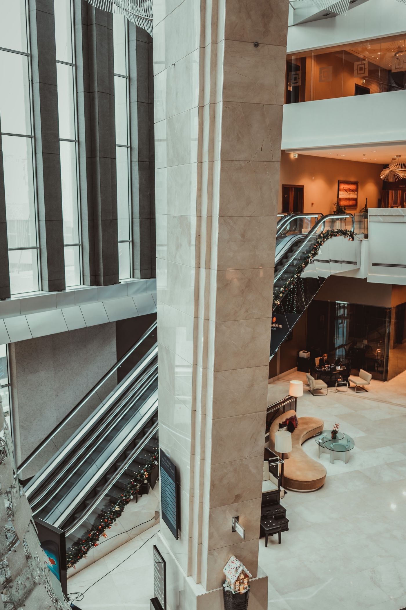Modern corporate lobby with glass and stone